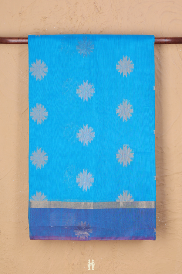 Kora Silk Cotton Saree In Sky Blue With Threadwork Buttas