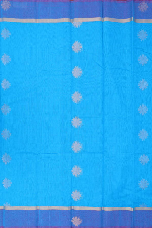 Kora Silk Cotton Saree In Sky Blue With Threadwork Buttas