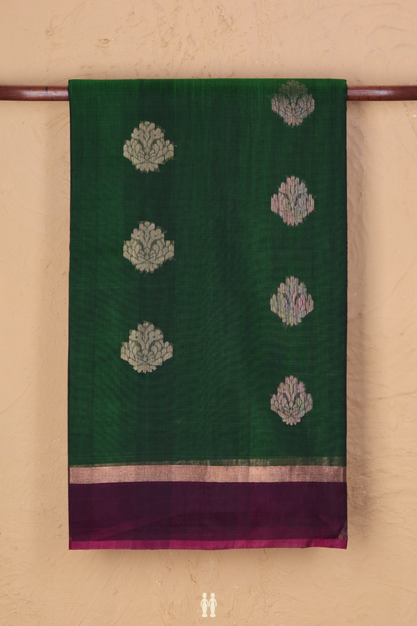 Kora Silk Cotton Saree In Forest Green With Floral Buttas
