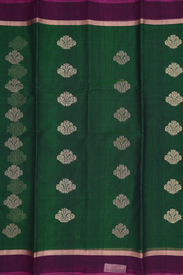 Kora Silk Cotton Saree In Forest Green With Floral Buttas