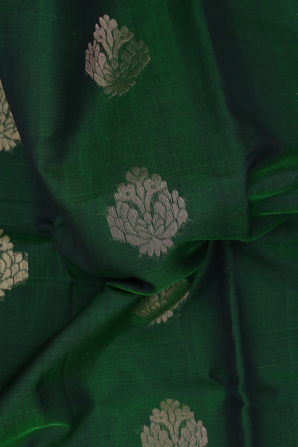 Kora Silk Cotton Saree In Forest Green With Floral Buttas
