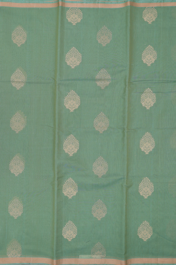 Kora Silk Cotton Saree In Green With Zari Motifs