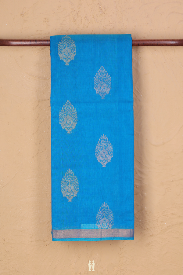 Kora Silk Cotton Saree In Cerulean Blue With Zari Motifs
