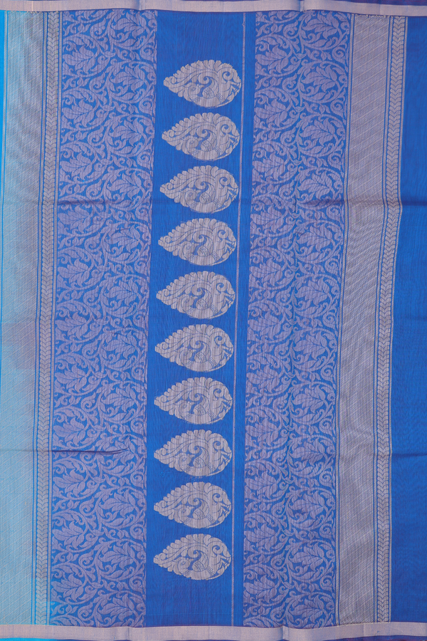 Kora Silk Cotton Saree In Cerulean Blue With Zari Motifs
