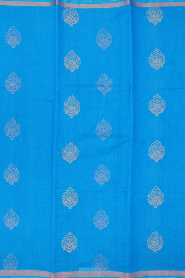 Kora Silk Cotton Saree In Cerulean Blue With Zari Motifs