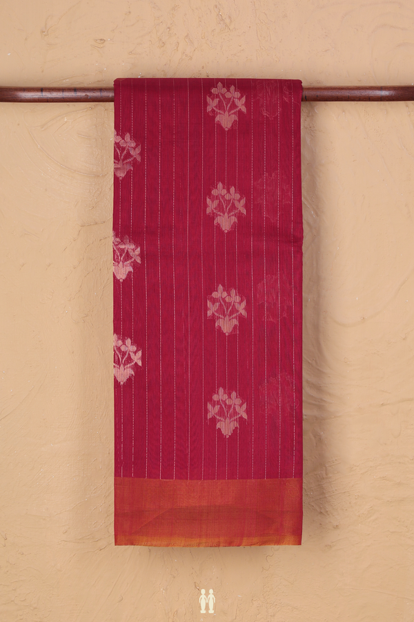 Kora Silk Cotton Saree In Red Along Stripes With Motifs