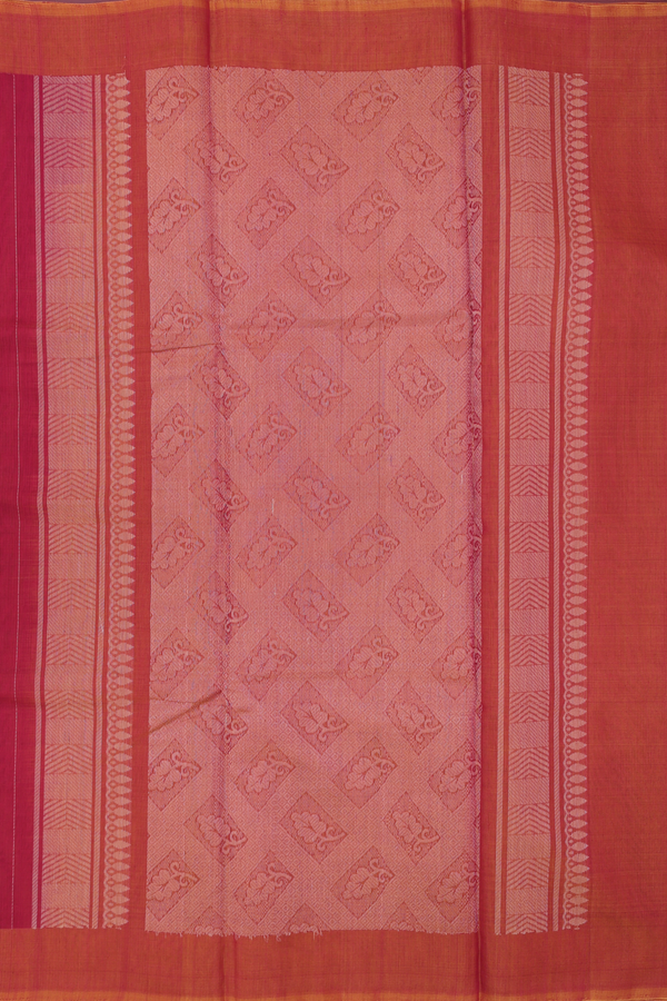Kora Silk Cotton Saree In Red Along Stripes With Motifs