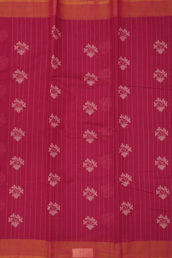 Kora Silk Cotton Saree In Red Along Stripes With Motifs
