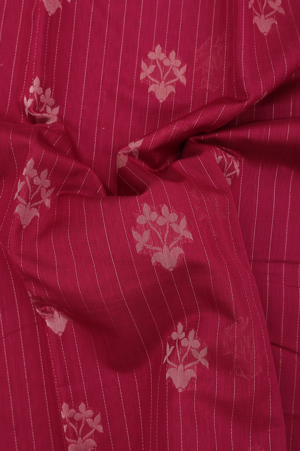 Kora Silk Cotton Saree In Red Along Stripes With Motifs