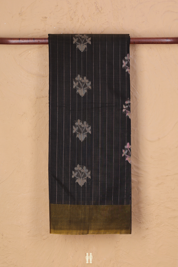 Kora Silk Cotton Saree In Dark Olive Green With Stripes Design