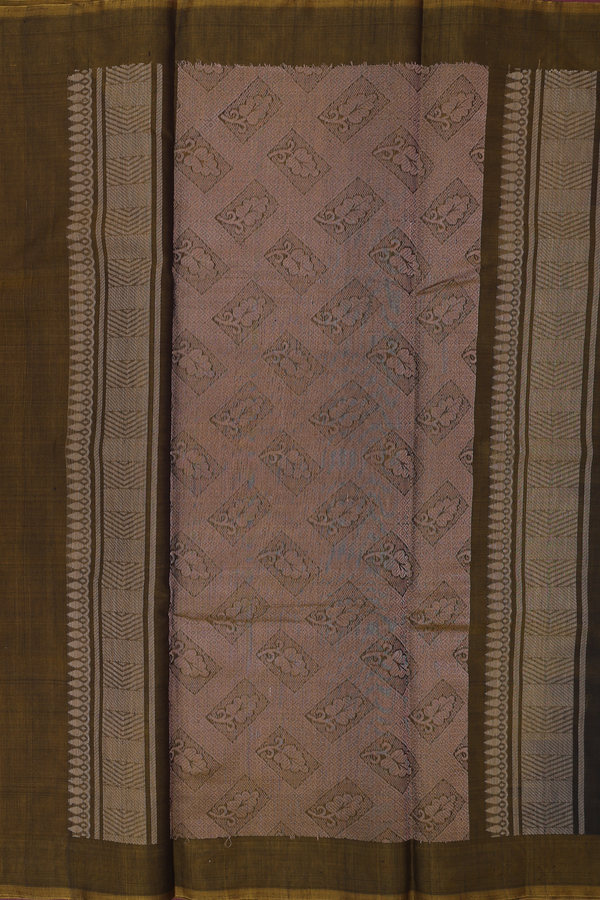 Kora Silk Cotton Saree In Dark Olive Green With Stripes Design
