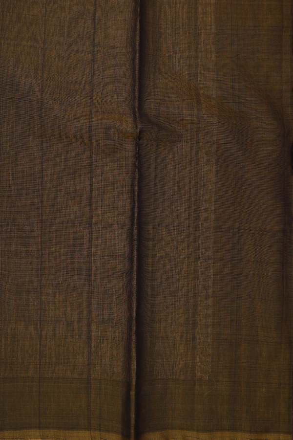 Kora Silk Cotton Saree In Dark Olive Green With Stripes Design