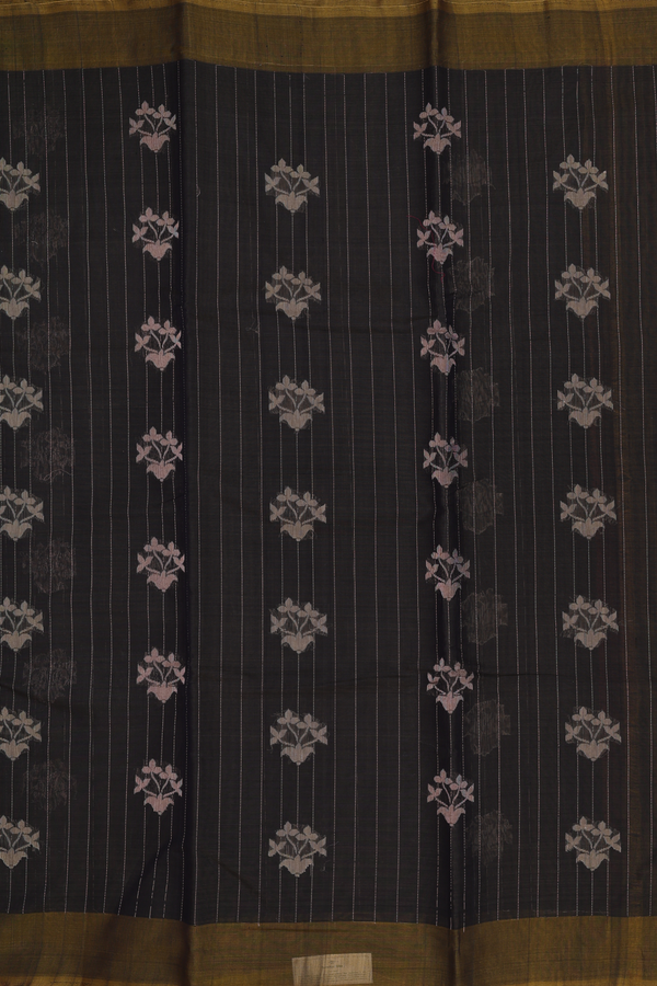 Kora Silk Cotton Saree In Dark Olive Green With Stripes Design