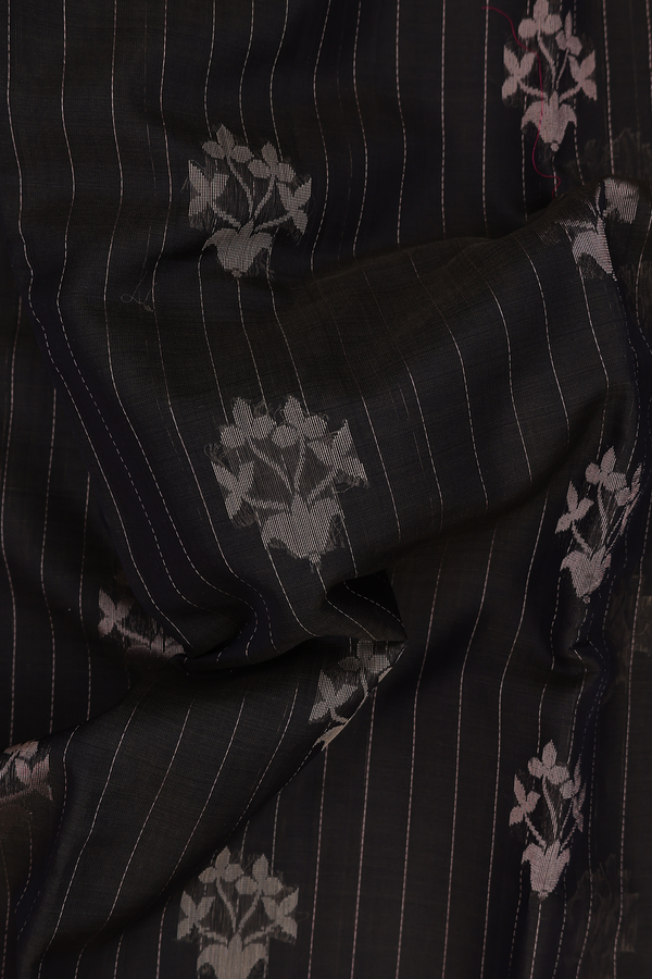Kora Silk Cotton Saree In Dark Olive Green With Stripes Design