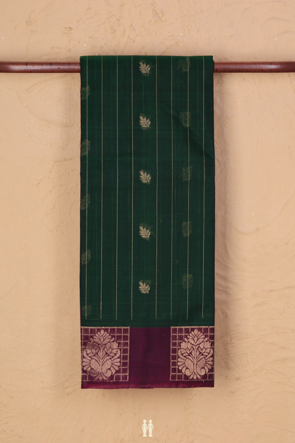 Kora Silk Cotton Saree In Forest Green With Stripes Design