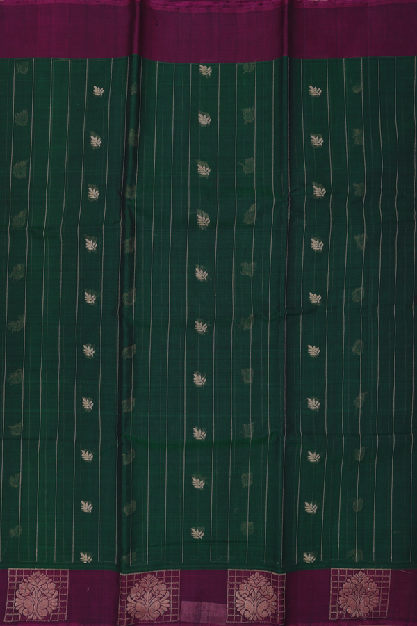 Kora Silk Cotton Saree In Forest Green With Stripes Design