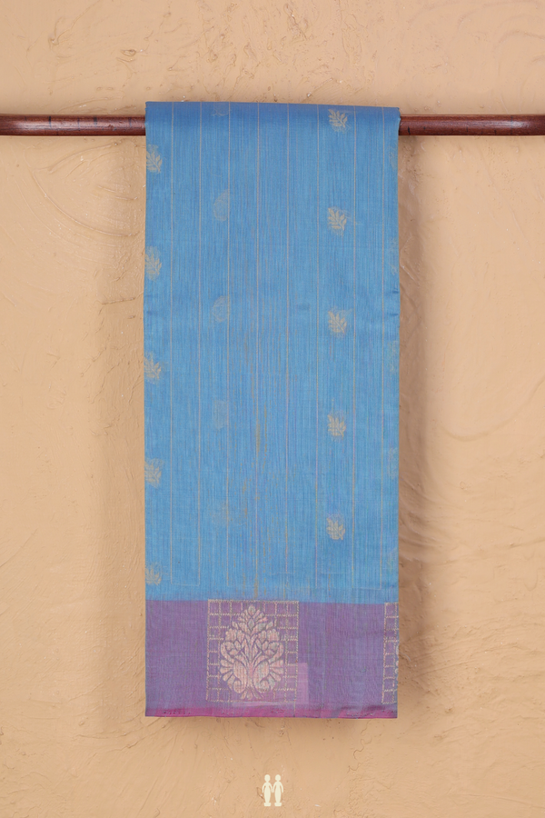 Kora Silk Cotton Saree In Dusty Blue With Stripes Design