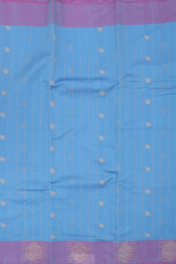 Kora Silk Cotton Saree In Dusty Blue With Stripes Design