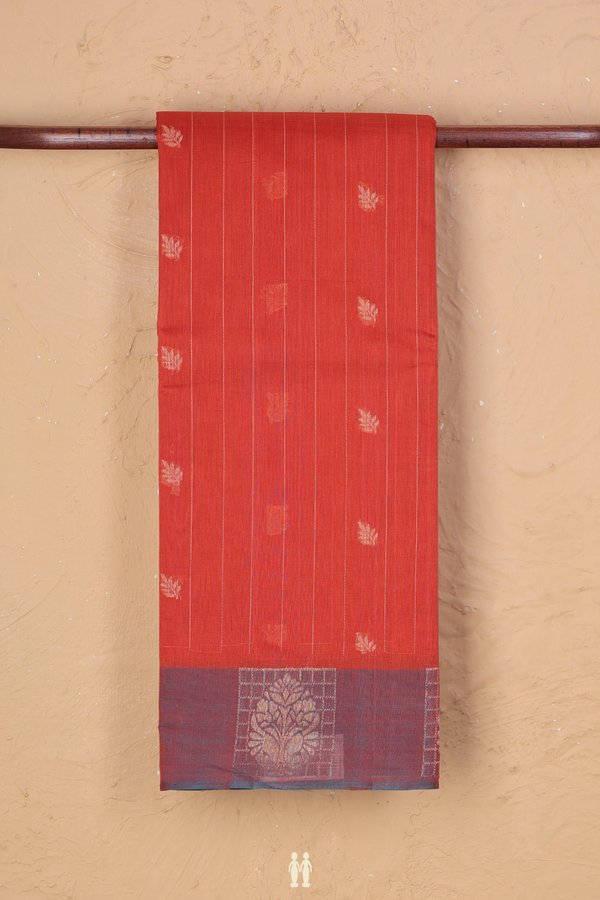 Kora Silk Cotton Saree In Royal Orange With Stripes Design