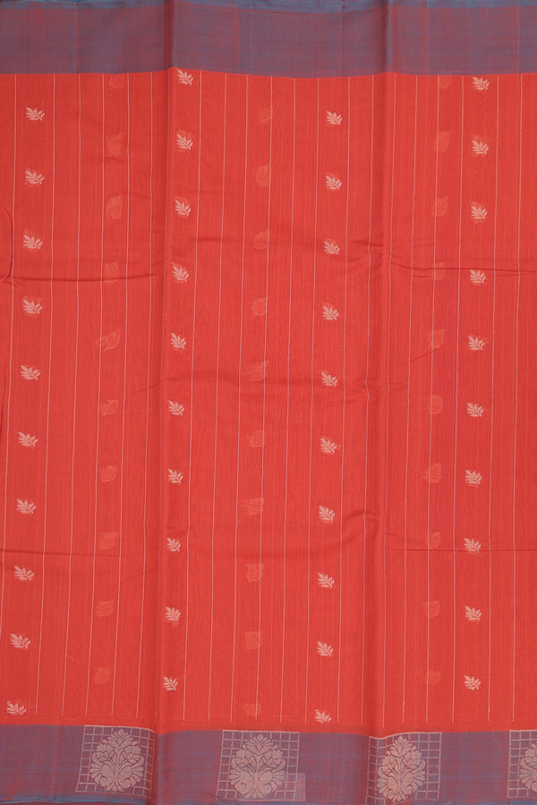 Kora Silk Cotton Saree In Royal Orange With Stripes Design