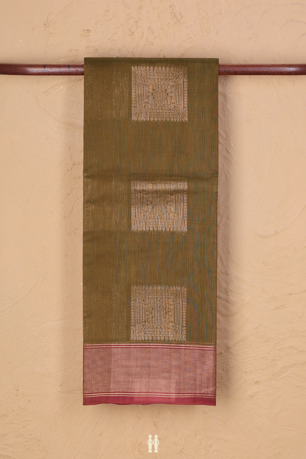 Kora Silk Cotton Saree In Mehendi Green With Square Motifs