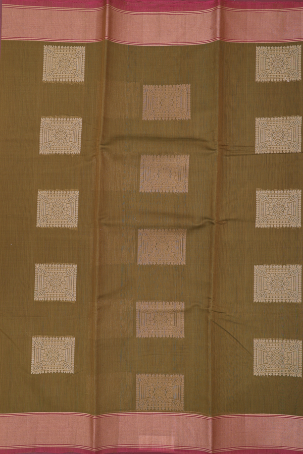 Kora Silk Cotton Saree In Mehendi Green With Square Motifs
