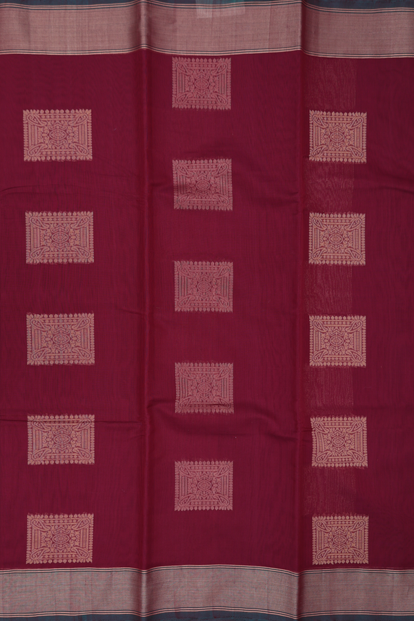Kora Silk Cotton Saree In Maroon With Zari Motifs