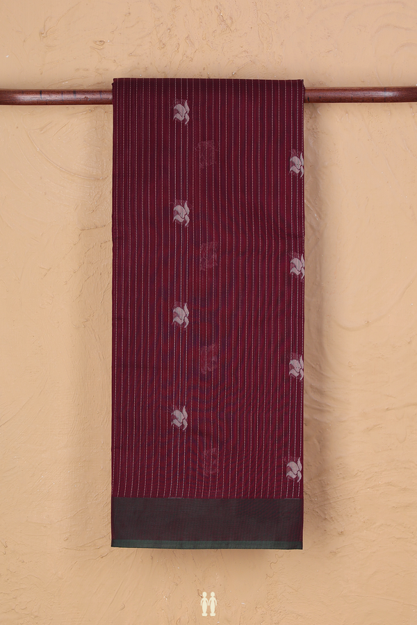 Kora Silk Cotton Saree In Maroon Along Stripes With Buttas