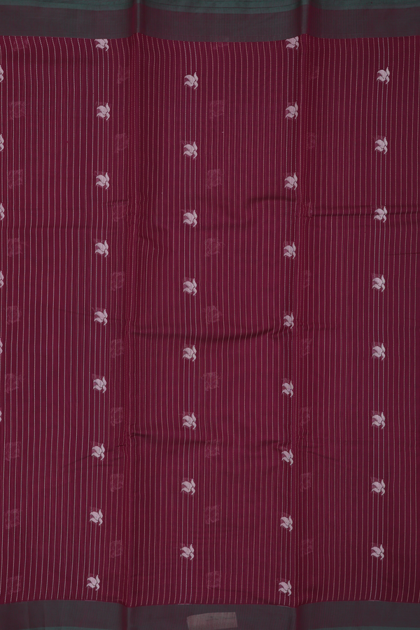 Kora Silk Cotton Saree In Maroon Along Stripes With Buttas