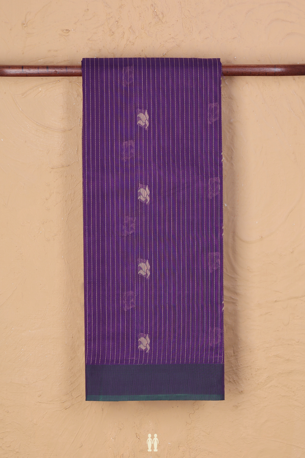 Kora Silk Cotton Saree In Purple Along Stripes With Buttas