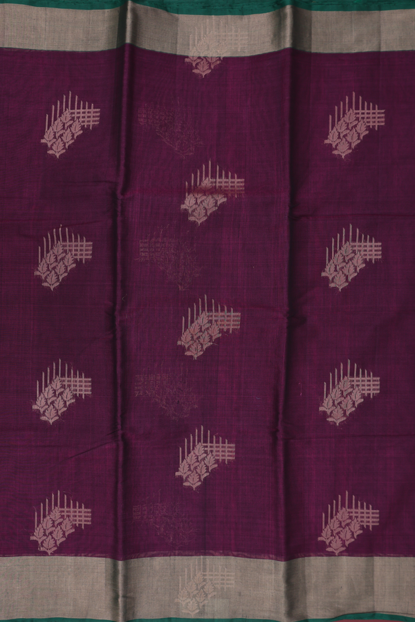 Kora Silk Cotton Saree In Plum Purple With Zari Motifs