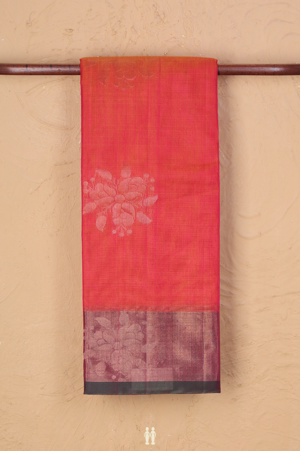 Kora Silk Cotton Saree In Coral Pink With Floral Motifs