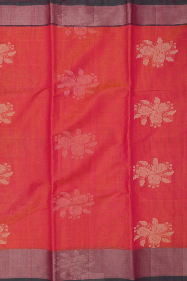 Kora Silk Cotton Saree In Coral Pink With Floral Motifs