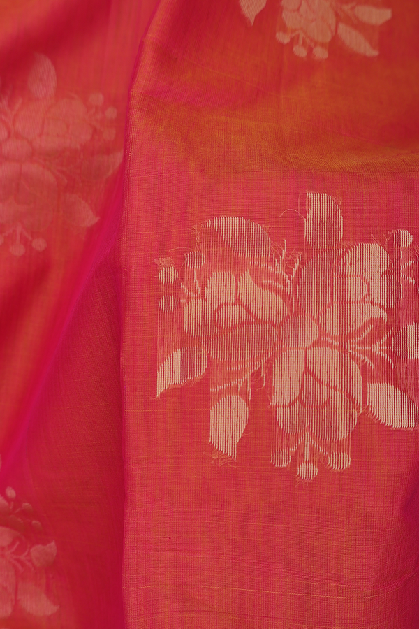 Kora Silk Cotton Saree In Coral Pink With Floral Motifs