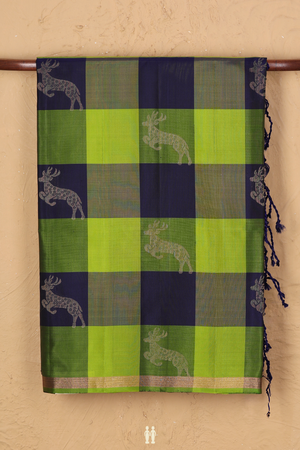 Soft Silk Saree In Blue And Green With Checks Design
