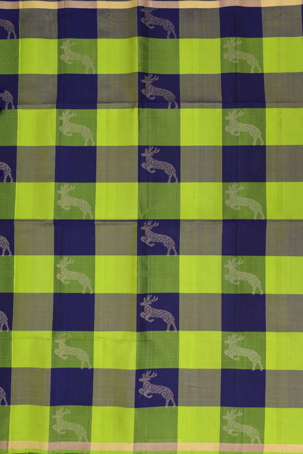 Soft Silk Saree In Blue And Green With Checks Design