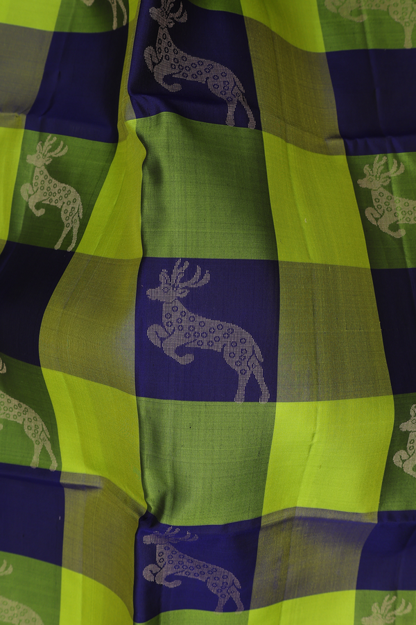 Soft Silk Saree In Blue And Green With Checks Design