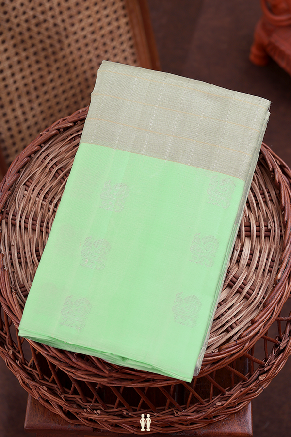 Kanchipuram Silk Saree Green Beige Tissue With Checks Design