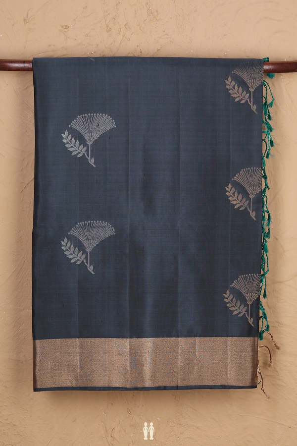 Soft Silk Saree In Charcoal Grey With Floral Motifs