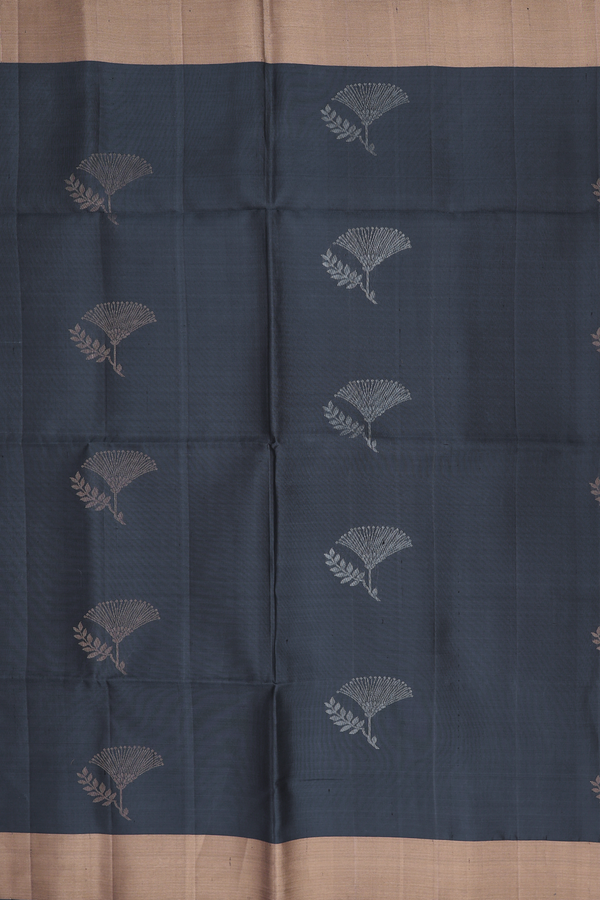 Soft Silk Saree In Charcoal Grey With Floral Motifs