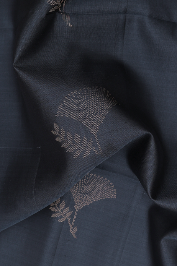 Soft Silk Saree In Charcoal Grey With Floral Motifs