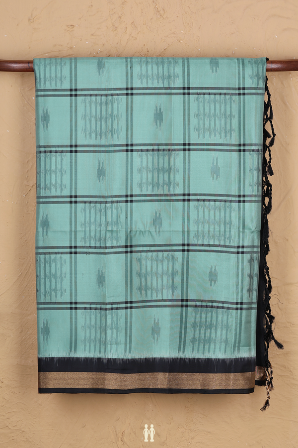 Soft Silk Saree In Light Turkish Blue With Checks Design