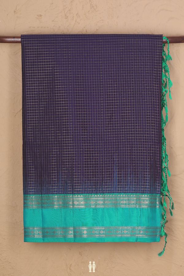 Soft Silk Saree In Navy Blue With Checks Design