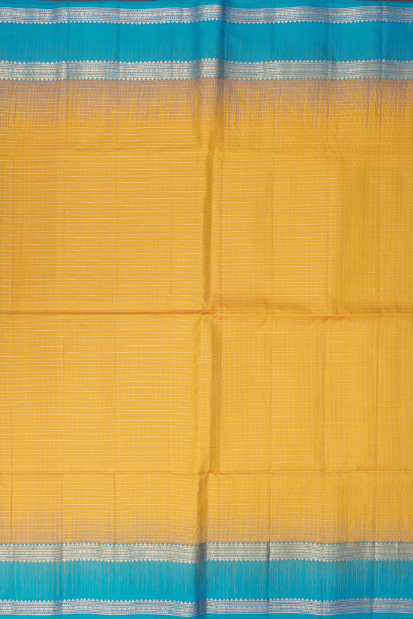 Soft Silk Saree In Saffron Yellow With Checks Design