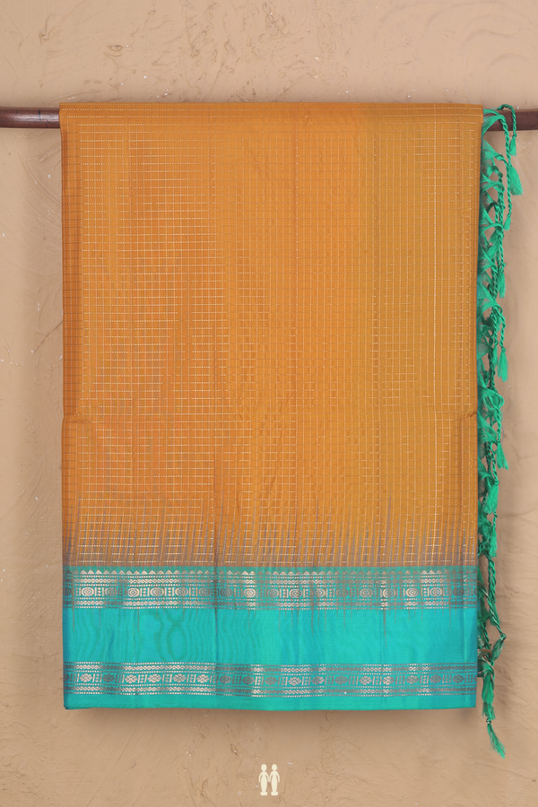 Soft Silk Saree In Saffron Yellow With Checks Design