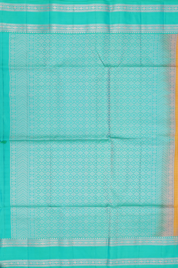 Soft Silk Saree In Saffron Yellow With Checks Design