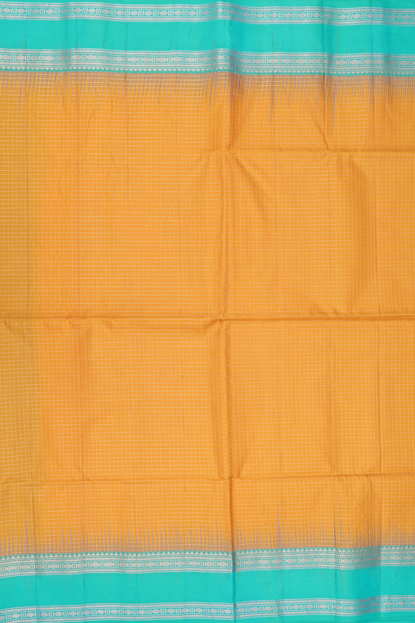 Soft Silk Saree In Saffron Yellow With Checks Design