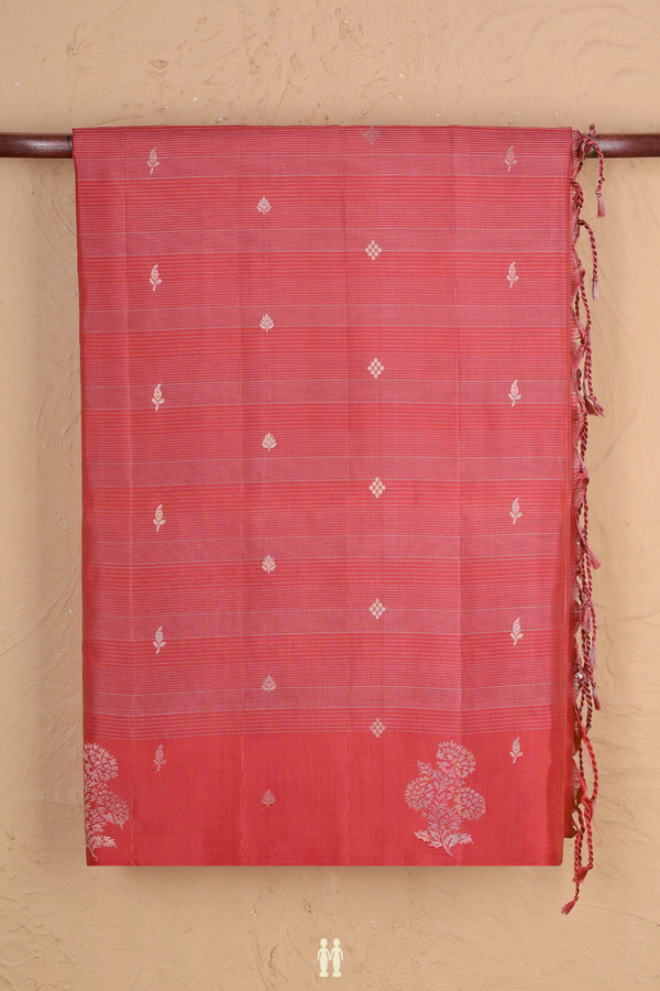 Soft Silk Saree In Scarlet Red Along Stripes With Buttas