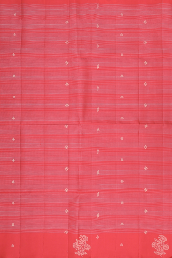 Soft Silk Saree In Scarlet Red Along Stripes With Buttas