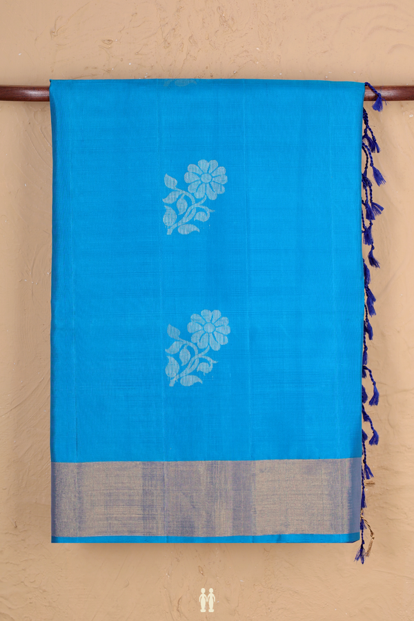 Soft Silk Saree In Deep Sky Blue With Floral Motifs